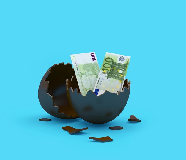 Oeuf en chocolat cassé avec des billets en euros