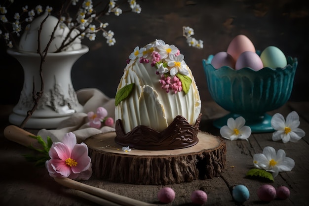 Un œuf en chocolat avec une coque en chocolat blanc et des fleurs dessus.