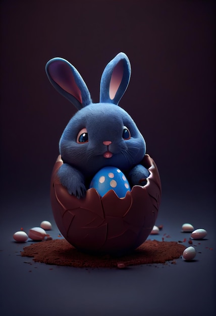 Oeuf en chocolat ouvert avec un petit lapin à l'intérieur