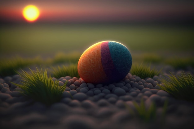 Un œuf coloré est posé sur l'herbe devant un coucher de soleil.