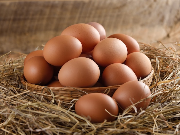 Oeuf dans un panier sur l'herbe séchée