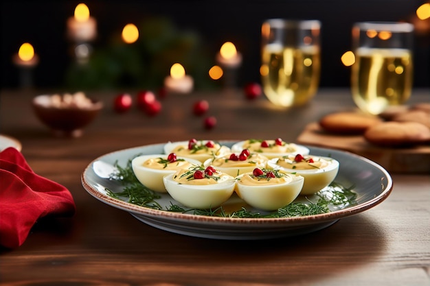 œuf de diable de Noël pour le dîner sur la table en bois avec mise en place intérieure et décoration de Noël