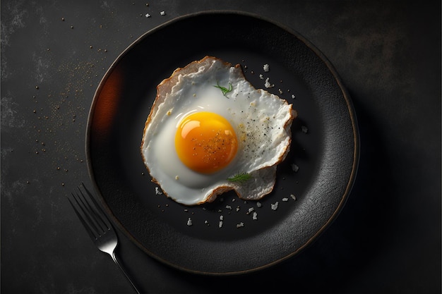 Oeuf frit dans une assiette noire