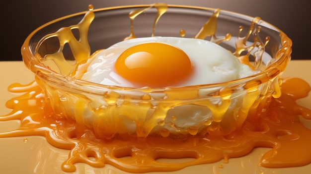 œuf frit dans un bol de verre avec du miel sur un fond jaune