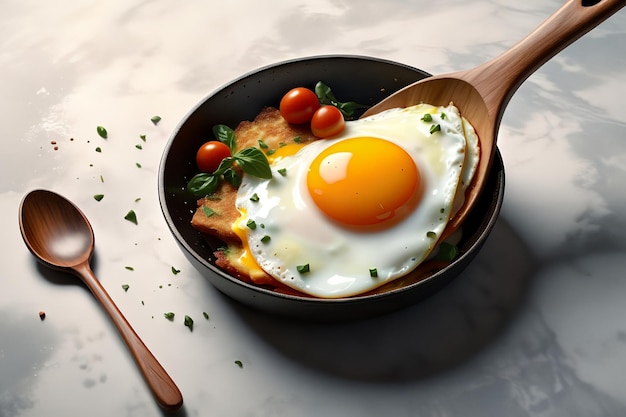 œuf frit avec des épices dans une spatule en bois