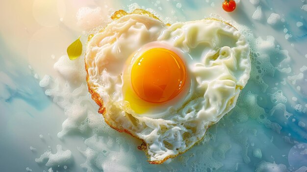 Un œuf frit en forme de cœur sur un fond bleu Célébrer la Saint-Valentin, le jour du père, le jour de la mère