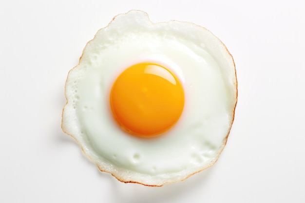 Un œuf frit isolé sur fond blanc vue de haut