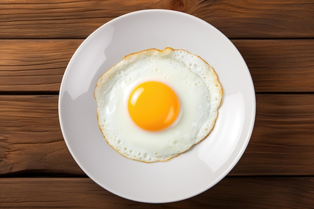 Un œuf frit sur une plaque blanche isolée sur un fond en bois
