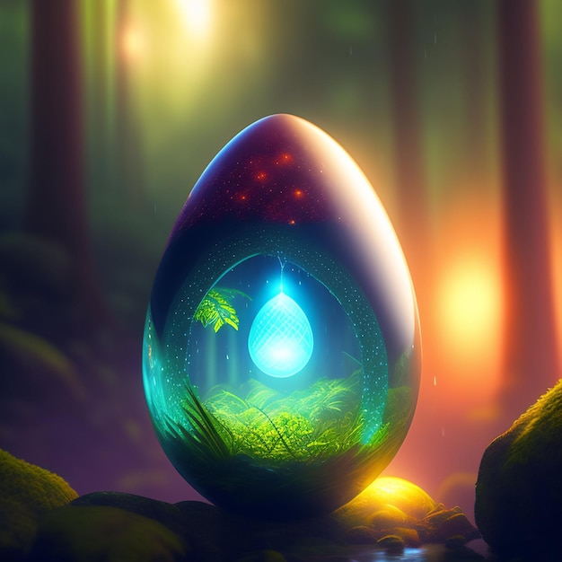 Un œuf illuminé avec une goutte bleue à l'intérieur