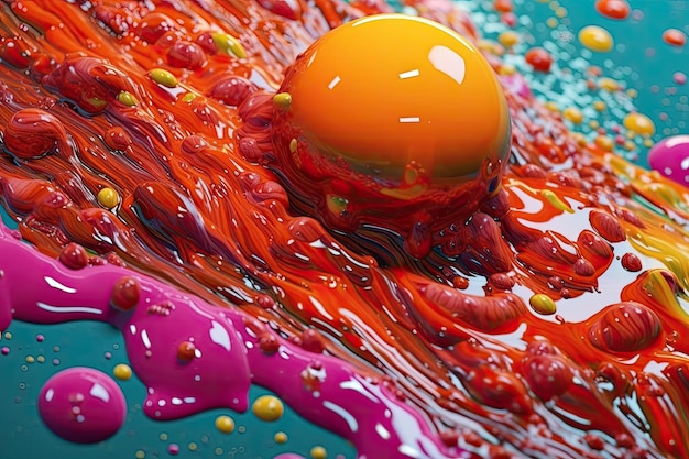 Un œuf jaune est posé sur une surface colorée avec de la peinture rose et violette.