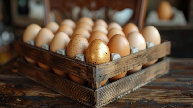 Un œuf d'or dans une boîte en bois parmi des œufs blancs Un concept unique