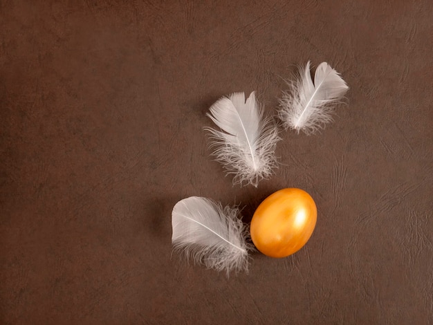 Oeuf d'or de Pâques Oeuf d'or de Pâques et une plume de poulet sur un fond sombre avec espace de copie