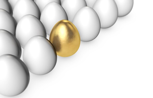 Oeuf d'or se détachant parmi les oeufs blancs rendu 3D