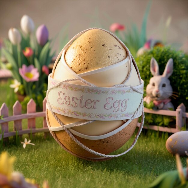 un œuf de Pâques avec une clôture en bois autour de lui