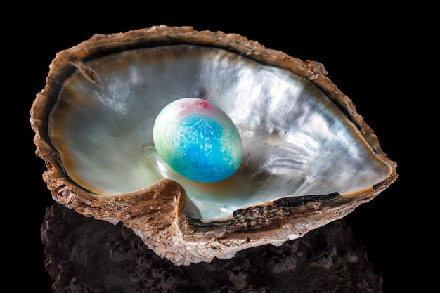 Oeuf de Pâques coloré dans une coquille de perles avec reflet.