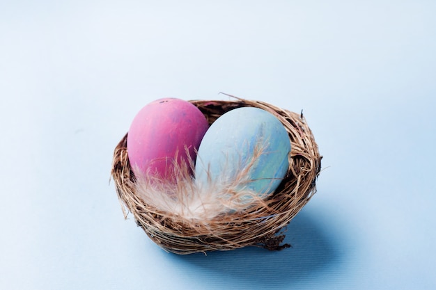 Oeuf de Pâques coloré dans le nid sur fond bleu avec espace de copie. Fond de Pâques. Minimalisme