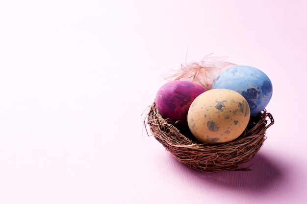 Oeuf de Pâques coloré dans le nid sur fond rose avec espace de copie.