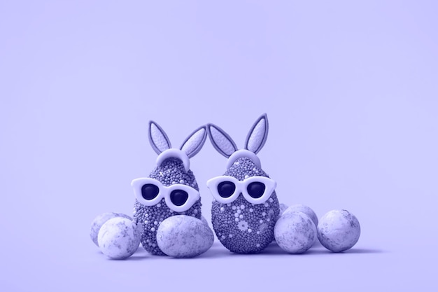Oeuf de Pâques coloré avec des oreilles de lapin et des lunettes de soleil sur un fond très péri. Bannière de vente, modèle de maquette. copie espace