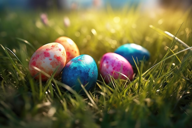 Oeuf de pâques de couleur différente sur une herbe