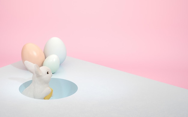 Oeuf de Pâques créatif podium d'affichage 3D avec lapin sur fond rose bleu pastel Joyeuses Pâques