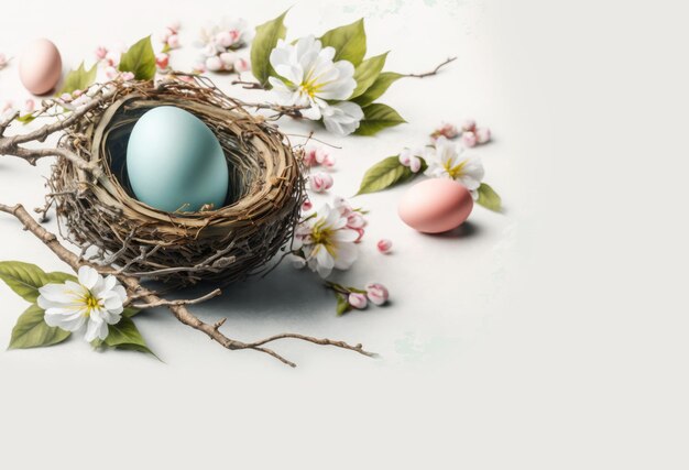Oeuf de Pâques dans un nid avec décoration de fleurs de pommier Generative AI