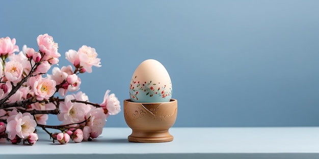 œuf de Pâques dans un vase bleu avec des fleurs de cerisier sur fond bleu Copier l'espace