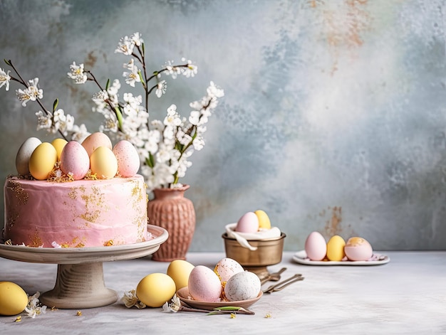 Photo un œuf de pâques et un gâteau sur un fond de table gris