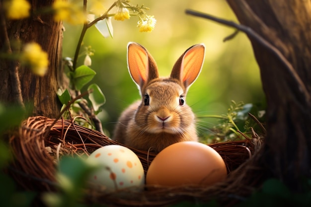 œuf de Pâques avec des oreilles de lapin en arrière-plan