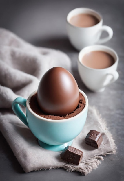 Oeuf de Pâques sur une tasse de cacao chaud