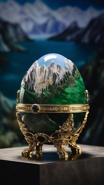 Un œuf peint avec des montagnes sur le dessus.