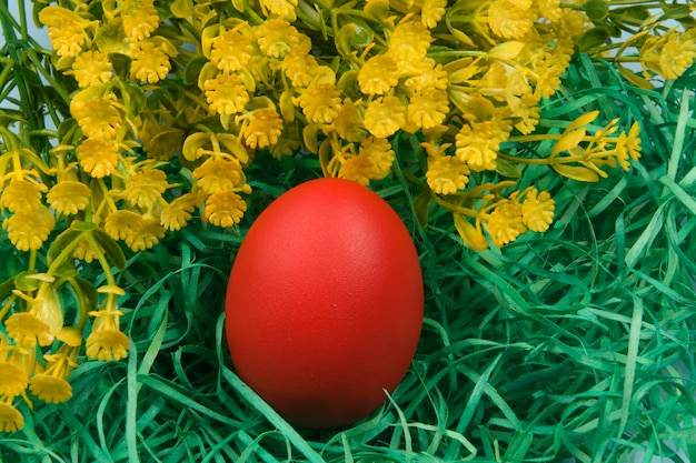 Oeuf peint en rouge sur paille jaune, symbolisant Pâques.