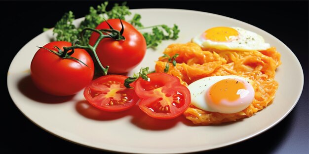 Photo oeuf de petit déjeuner avec fond de nourriture à la tomate