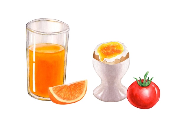 Oeuf de tomate de petit déjeuner sur un support un verre de jus d'orange Illustration aquarelle dessinée à la main isolée