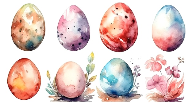 Oeufs aquarelles sur fond blanc ai générative