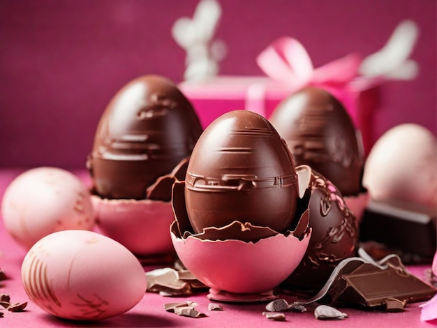 Des œufs au chocolat avec des cadeaux sur un fond rose