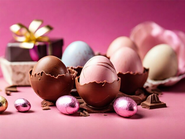 Des œufs au chocolat avec des cadeaux sur un fond rose