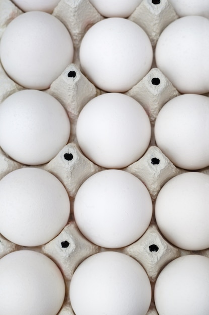 Oeufs blancs frais dans une boîte. Fermer