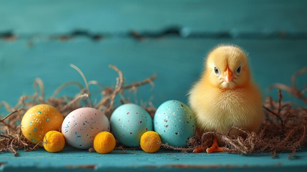 Des œufs blancs jaunes bleus dans le nid et des poussins jaunes sur un fond en bois bleu