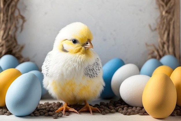 Oeufs blancs jaunes bleus dans le nid et poussins jaunes sur un fond en bois Carte de Pâques Génération AI