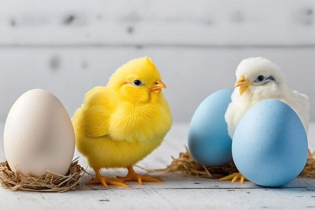 Oeufs blancs jaunes bleus dans le nid et poussins jaunes sur un fond en bois Carte de Pâques Génération AI