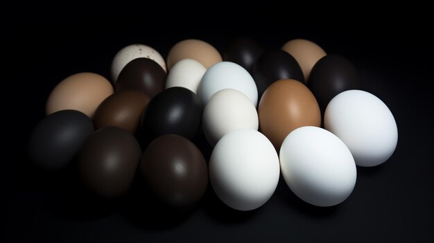 Photo des œufs blancs et noirs sur une table sombre haute résolution