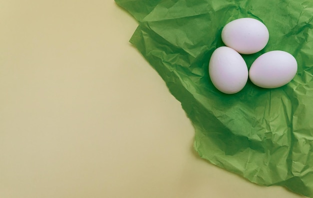 oeufs blancs sur soie verte sur fond jaune