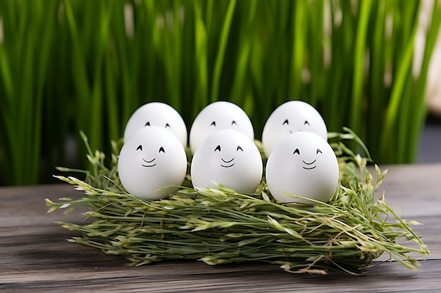 Des œufs blancs avec un visage dans les roseaux joyeux concept de vacances de Pâques espace de copie