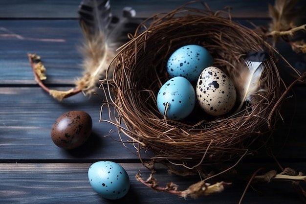 Oeufs bleus dans un nid avec une plume à côté