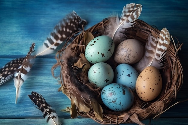 Oeufs bleus dans un nid avec des plumes sur fond bleu