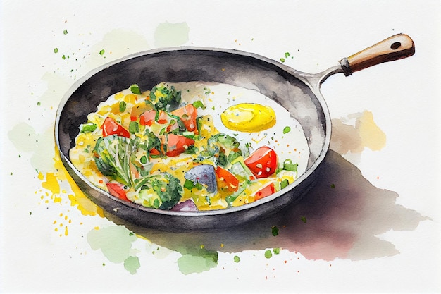 Oeufs brouillés dans une poêle avec des légumes dessinant avec un peu d'ai générative à l'aquarelle