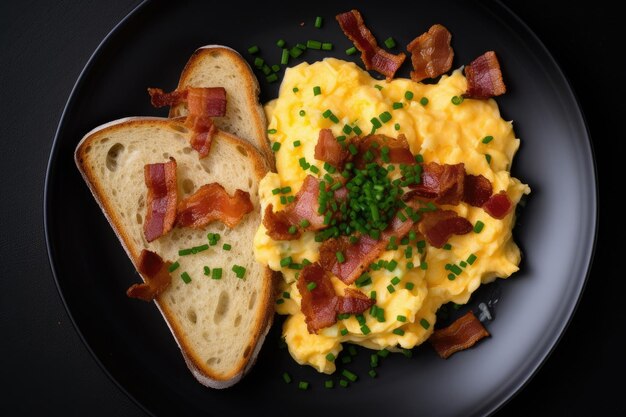 Des œufs brouillés avec du bacon et du pain grillé au beurre.