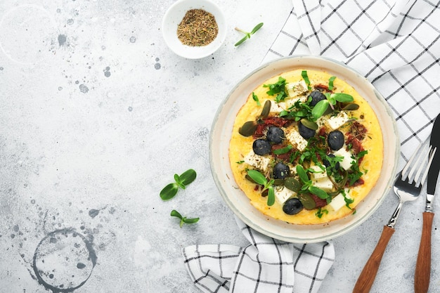 Oeufs brouillés Oeufs brouillés légers et moelleux au beurre avec fromage feta tomates séchées et olives noires sur une assiette sur fond de pierre blanche Délicieux petit-déjeuner Vue de dessus à plat