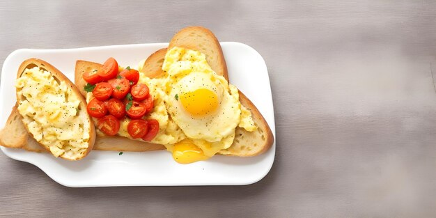 Des œufs brouillés, des tomates rôties, du parmesan, des baguettes grillées sur la table en bois, vue minimaliste du haut.