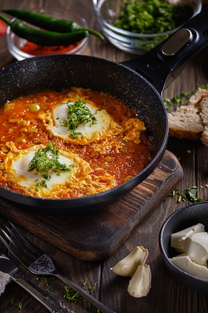 Oeufs brouillés turcs avec tomates et poivrons dans une poêle à frire sur table en bois close-up